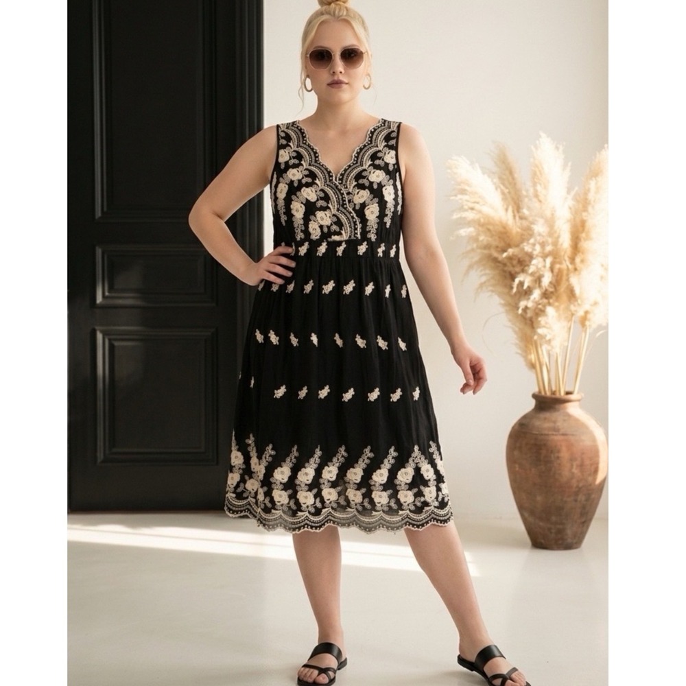 Karen Kane Womens Black White Floral Embroidered Cotton V-Neck Midi Dress Small